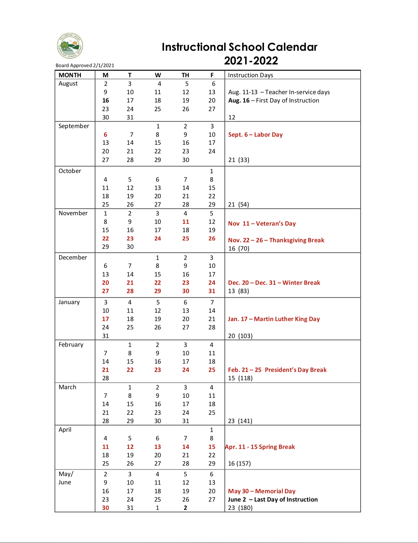 Instructional Calendar | Fallbrook Union Elementary School District