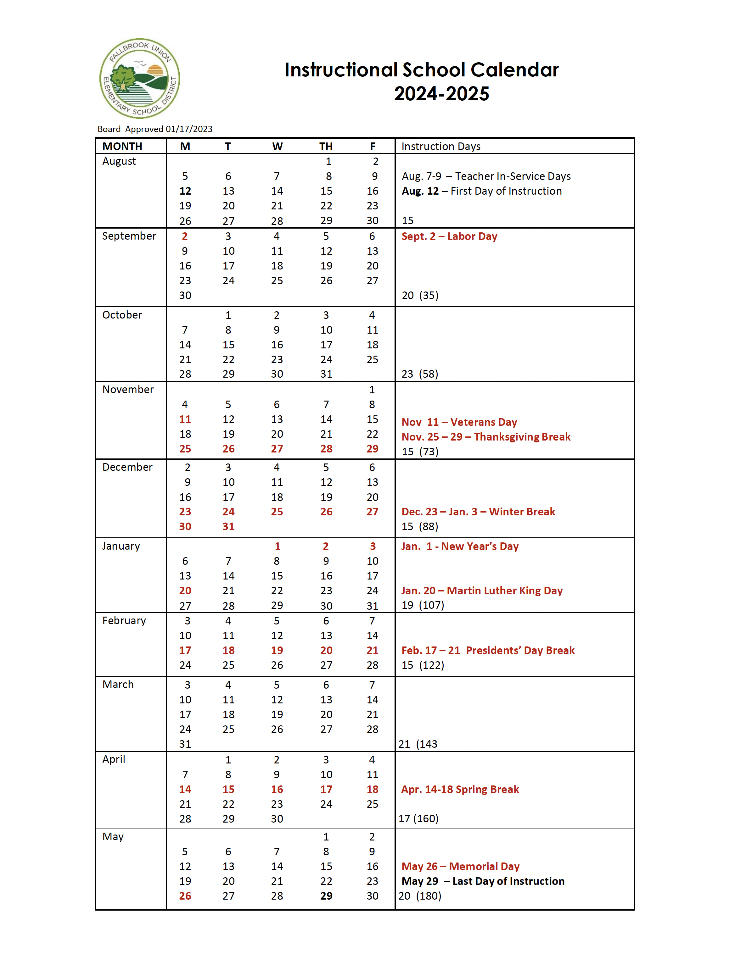 Instructional School Calendar